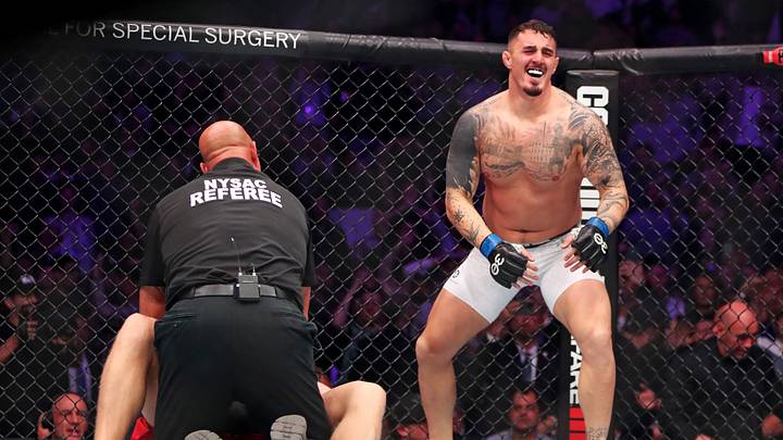 Nov 11, 2023; New York, NY, USA; Tom Aspinall (blue gloves) reacts to beating Sergei Pavlovich (red gloves) during UFC 295 at Madison Square Garden. Mandatory Credit: Wendell Cruz-USA TODAY Sports Nov 11, 2023; New York, NY, USA; Tom Aspinall (blue gloves) reacts to beating Sergei Pavlovich (red gloves) during UFC 295 at Madison Square Garden. Mandatory Credit: Wendell Cruz-USA TODAY Sports