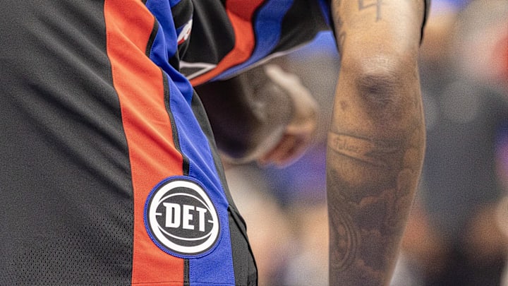 Nov 28, 2025; Detroit, Michigan, USA; Detailed view of a logo on the shorts of the Detroit Pistons during the first quarter of the game against the Orlando Magic at Little Caesars Arena. Mandatory Credit: David Reginek-Imagn Images