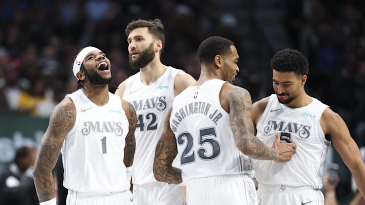 Jan 7, 2025; Dallas, Texas, USA; Dallas Mavericks guard Jaden Hardy (1) and Dallas Mavericks forward Maxi Kleber (42) and Dallas Mavericks forward P.J. Washington (25) and Dallas Mavericks guard Quentin Grimes (5) celebrate against the Los Angeles Lakers during the second half at American Airlines Center. Mandatory Credit: Kevin Jairaj-Imagn Images Jan 7, 2025; Dallas, Texas, USA; Dallas Mavericks guard Jaden Hardy (1) and Dallas Mavericks forward Maxi Kleber (42) and Dallas Mavericks forward P.J. Washington (25) and Dallas Mavericks guard Quentin Grimes (5) celebrate against the Los Angeles Lakers during the second half at American Airlines Center. Mandatory Credit: Kevin Jairaj-Imagn Images
