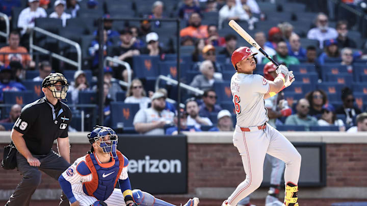 Sep 8, 2024; New York City, New York, USA; Cincinnati Reds third baseman Noelvi Marte (16) hits an RBI single in the seventh inning against the New York Mets at Citi Field. Mandatory Credit: Wendell Cruz-Imagn Images Sep 8, 2024; New York City, New York, USA; Cincinnati Reds third baseman Noelvi Marte (16) hits an RBI single in the seventh inning against the New York Mets at Citi Field. Mandatory Credit: Wendell Cruz-Imagn Images