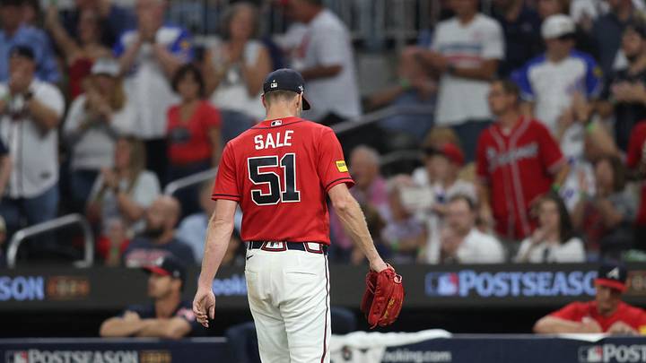 Oct 6, 2026; Cumberland, Georgia, USA; Atlanta Braves pitcher Chris Sale (51) walks off the diamond after pitching the fifth inning against the Los Angeles Dodgers in game three of the NLDS for the 2026 MLB Playoffs at Truist Park. Mandatory Credit: Brett Davis-Imagn Images Oct 6, 2026; Cumberland, Georgia, USA; Atlanta Braves pitcher Chris Sale (51) walks off the diamond after pitching the fifth inning against the Los Angeles Dodgers in game three of the NLDS for the 2026 MLB Playoffs at Truist Park. Mandatory Credit: Brett Davis-Imagn Images