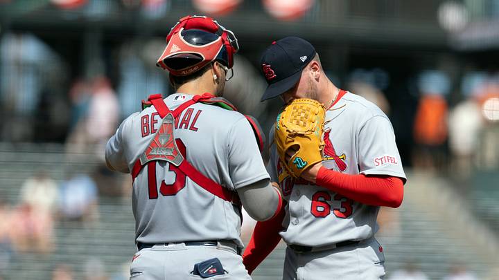 Sep 9, 2026; San Francisco, California, USA;  St. Louis Cardinals catcher Leo Bernal (13) and pitcher Cade Winquest (63) confer during the eighth inning against the San Francisco Giants at Oracle Park.  Mandatory Credit: D. Ross Cameron-Imagn Images