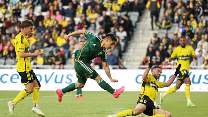 Apr 20, 2024; Columbus, Ohio, USA; Portland Timbers forward Felipe Mora (9) scores a goal against