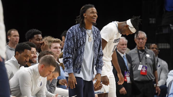 Nov 20, 2025; Memphis, Tennessee, USA; Memphis Grizzlies guard Ja Morant (12) reacts during the second quarter against the Sacramento Kings at FedExForum. Mandatory Credit: Petre Thomas-Imagn Images