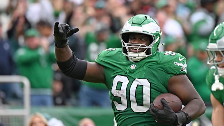 Oct 26, 2025; Philadelphia, Pennsylvania, USA; Philadelphia Eagles defensive tackle Jordan Davis (90) against the New York Giants at Lincoln Financial Field.