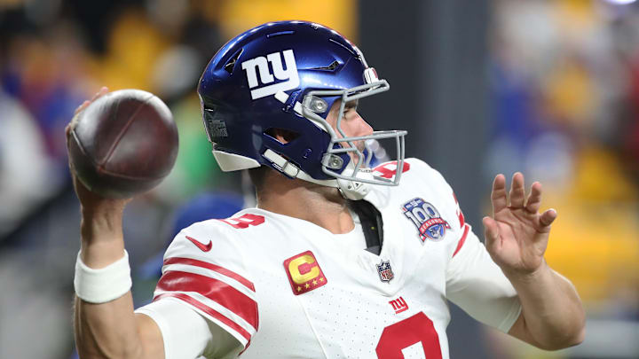 Oct 28, 2024; Pittsburgh, Pennsylvania, USA; New York Giants quarterback Daniel Jones (8) warms up before playing the Pittsburgh Steelers at Acrisure Stadium.  