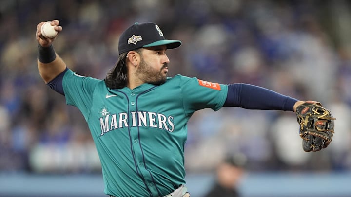 Oct 19, 2025; Toronto, Ontario, CAN; Seattle Mariners third baseman Eugenio Suarez (28) throws to first for an out against Toronto Blue Jays right fielder George Springer (not pictured) in the sixth inning during game six of the ALCS round for the 2025 MLB playoffs at Rogers Centre. Mandatory Credit: John E. Sokolowski-Imagn Images Oct 19, 2025; Toronto, Ontario, CAN; Seattle Mariners third baseman Eugenio Suarez (28) throws to first for an out against Toronto Blue Jays right fielder George Springer (not pictured) in the sixth inning during game six of the ALCS round for the 2025 MLB playoffs at Rogers Centre. Mandatory Credit: John E. Sokolowski-Imagn Images