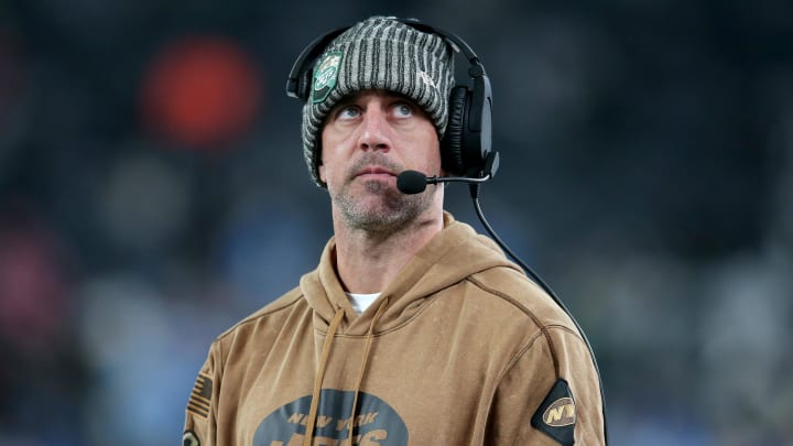 Nov 6, 2023; East Rutherford, NJ; New York Jets injured quarterback Aaron Rodgers reacts during the fourth quarter against the Los Angeles Chargers at MetLife Stadium. Nov 6, 2023; East Rutherford, NJ; New York Jets injured quarterback Aaron Rodgers reacts during the fourth quarter against the Los Angeles Chargers at MetLife Stadium.