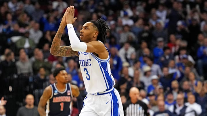 Mar 27, 2025; Newark, NJ, USA; Duke Blue Devils guard Isaiah Evans (3) reacts after a play during the first half against the Arizona Wildcats during an East Regional semifinal of the 2025 NCAA tournament at Prudential Center.