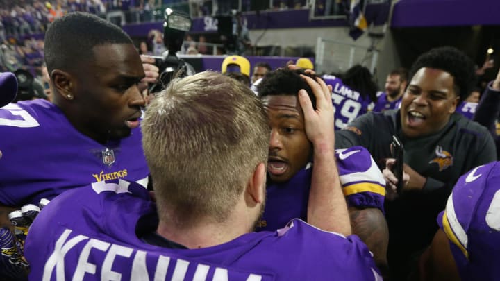 Jan 14, 2018; Minneapolis, MN, USA; Minnesota Vikings wide receiver Stefon Diggs (right) celebrates with quarterback Case Keenum (left) after the game-winning touchdown against the New Orleans Saints during the fourth quarter in the NFC Divisional Playoff football game at U.S. Bank Stadium. Mandatory Credit: Brace Hemmelgarn-USA TODAY Sports Jan 14, 2018; Minneapolis, MN, USA; Minnesota Vikings wide receiver Stefon Diggs (right) celebrates with quarterback Case Keenum (left) after the game-winning touchdown against the New Orleans Saints during the fourth quarter in the NFC Divisional Playoff football game at U.S. Bank Stadium. Mandatory Credit: Brace Hemmelgarn-USA TODAY Sports