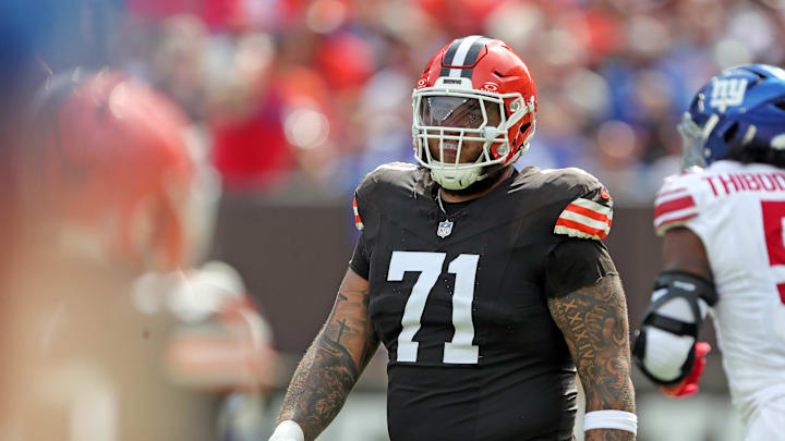 Browns offensive tackle Jedrick Wills Jr. heads back to the huddle after a play against the New York Giants, Sunday, Sept. 22, 2024, in Cleveland.