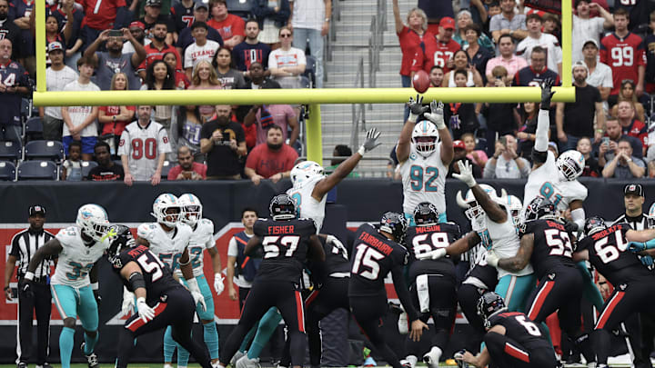 Dec 15, 2024; Houston, Texas, USA; Houston Texans place kicker Ka'imi Fairbairn (15) makes a field goal against the Miami Dolphins in the second quarter at NRG Stadium. Mandatory Credit: Thomas Shea-Imagn Images