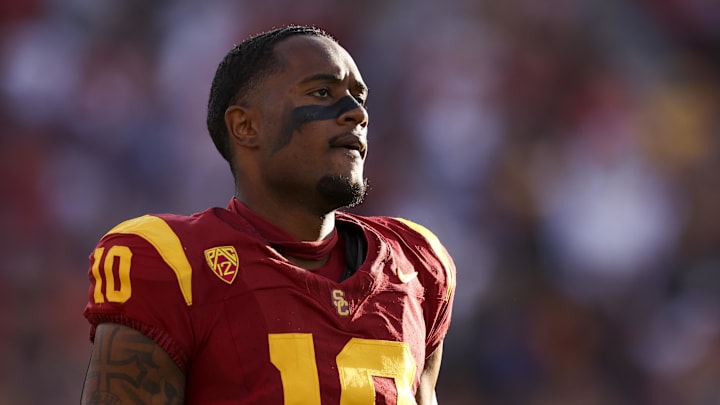 Nov 4, 2023; Los Angeles, California, USA; USC Trojans wide receiver Kyron Hudson (10) looks on before a game against the Washington Huskies at United Airlines Field at Los Angeles Memorial Coliseum. Mandatory Credit: Jessica Alcheh-Imagn Images
