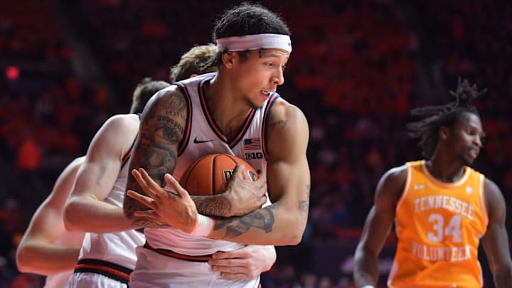 Dec 14, 2024; Champaign, Illinois, USA; Illinois Fighting Illini guard Tre White (22) grabs a rebound during the second half against the Tennessee Volunteers at State Farm Center. Mandatory Credit: Ron Johnson-Imagn Images Dec 14, 2024; Champaign, Illinois, USA; Illinois Fighting Illini guard Tre White (22) grabs a rebound during the second half against the Tennessee Volunteers at State Farm Center. Mandatory Credit: Ron Johnson-Imagn Images