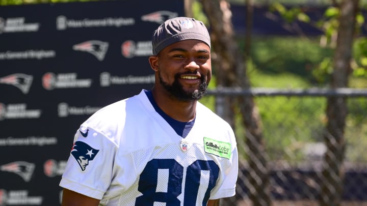 Jun 10, 2024; Foxborough, MA, USA; New England Patriots wide receiver Kayshon Boutte (80) walks to the practice fields for minicamp at Gillette Stadium. Mandatory Credit: Eric Canha-USA TODAY Sports