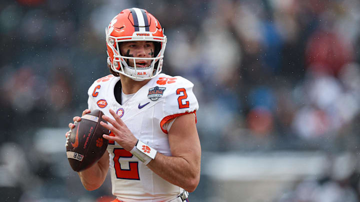 Dec 27, 2025; Bronx, NY, USA; Clemson Tigers quarterback Cade Klubnik (2) looks to pass during the first half of the 2025 Pinstripe Bowl against the Penn State Nittany Lions at Yankee Stadium. Mandatory Credit: Vincent Carchietta-Imagn Images