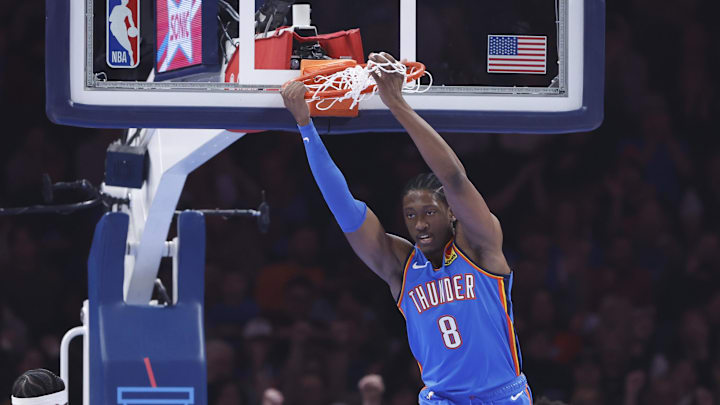 Dec 26, 2023; Oklahoma City, Oklahoma, USA; Oklahoma City Thunder forward Jalen Williams (8) hangs