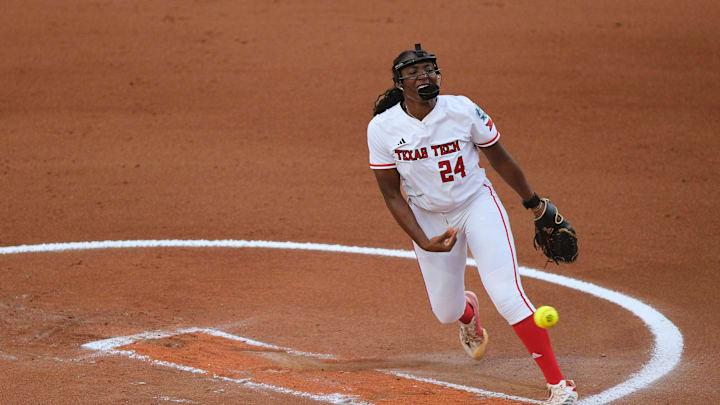 Texas Tech starting pitcher pitcher NiJaree Canady (24) in Game 2 of the Women's College World Series championship series between the Texas Longhorns at Texas Tech Red Raiders at Devon Park in Oklahoma City, Thursday, June 5, 2025. Texas Tech won 4-3.