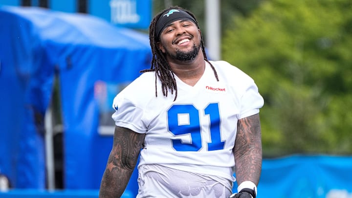 Detroit Lions defensive tackle Tyleik Williams (91) walks off the field after practice during training camp at Meijer Performance Center in Allen Park on Sunday, July 20, 2025.