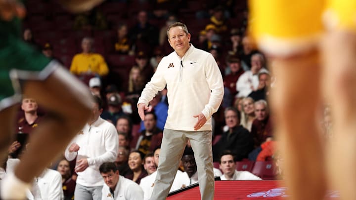 Nov 18, 2025; Minneapolis, Minnesota, USA; Minnesota Golden Gophers head coach Niko Medved reacts during the second half against the Chicago State Cougars at Williams Arena. Mandatory Credit: Matt Krohn-Imagn Images