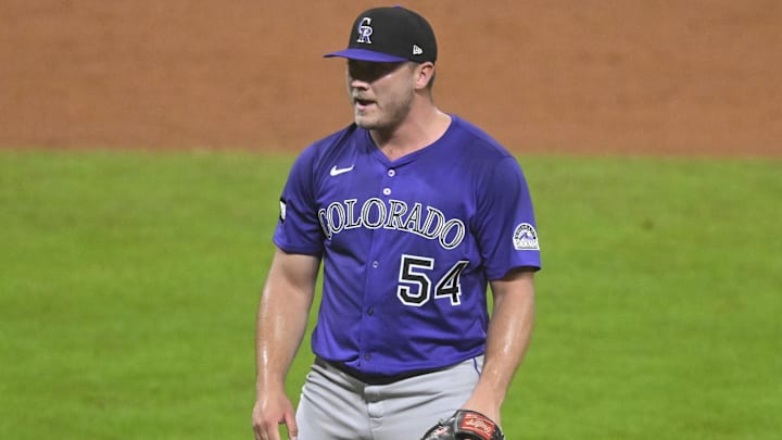 Jul 28, 2025; Cleveland, Ohio, USA; Colorado Rockies relief pitcher Seth Halvorsen (54) reacts after the final out in the ninth inning  in a win over the Cleveland Guardians at Progressive Field. Mandatory Credit: David Richard-Imagn Images