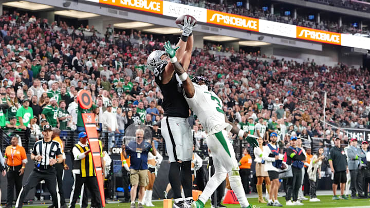 Nov 12, 2023; Paradise, Nevada, USA; Las Vegas Raiders tight end Michael Mayer (87) makes a touchdown reception over the reach of New York Jets safety Jordan Whitehead (3) during the fourth quarter at Allegiant Stadium. Mandatory Credit: Stephen R. Sylvanie-Imagn Images
