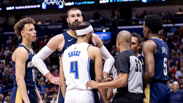 Apr 3, 2024; New Orleans, Louisiana, USA;  New Orleans Pelicans center Jonas Valanciunas (17) stands