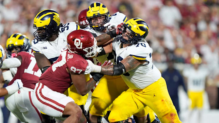 Oklahoma's Alex Shieldnight (97) works against Michigan's Brady Norton (70) in the first half of the college football game between the University of Oklahoma Sooner and the University of Michigan Wolverines at the Gaylord Family Ð Oklahoma Memorial Stadium in Norman, Okla., Saturday, Sept. 6, 2025.