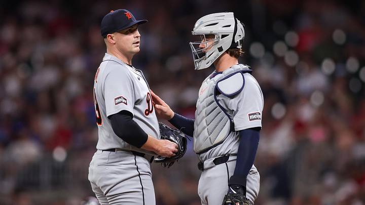 Apr 29, 2026; Atlanta, Georgia, USA; Detroit Tigers starting pitcher Tarik Skubal (29) talks to catcher Dillon Dingler (13) against the Atlanta Braves in the seventh inning at Truist Park. Mandatory Credit: Brett Davis-Imagn Images