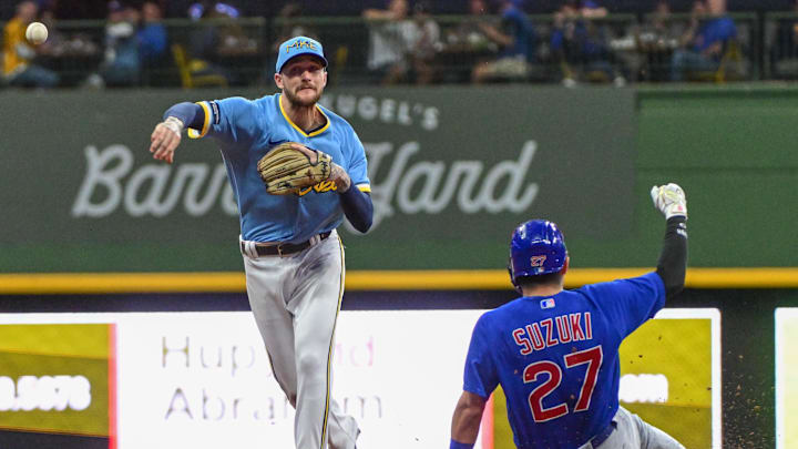 Sep 29, 2023; Milwaukee, Wisconsin, USA; Milwaukee Brewers second baseman Brice Turang (2) completes