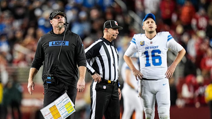 Detroit Lions head coach Dan Campbell and quarterback Jared Goff (16) watch a replay against San Francisco 49ers during the second half at Levi's Stadium in Santa Clara, Calif. on Monday, Dec. 30, 2024.