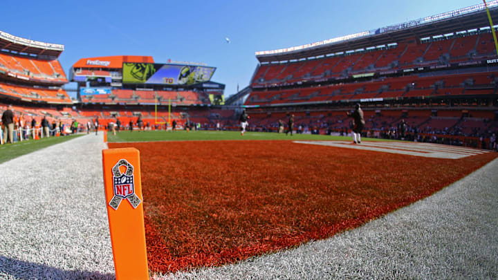 Nov 6, 2016; Cleveland, OH, USA; A view of the NFL's Salute to Service logo on an end zone pylon at FirstEnergy Stadium. The Cowboys won 35-10. Mandatory Credit: Aaron Doster-Imagn Images