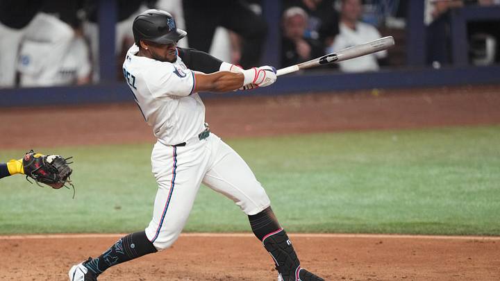 Jun 6, 2026; Miami, Florida, USA; Miami Marlins shortstop Otto Lopez (6) hits a single in the seventh inning against the Tampa Bay Rays at loanDepot Park. Mandatory Credit: Jim Rassol-Imagn Images Jun 6, 2026; Miami, Florida, USA; Miami Marlins shortstop Otto Lopez (6) hits a single in the seventh inning against the Tampa Bay Rays at loanDepot Park. Mandatory Credit: Jim Rassol-Imagn Images