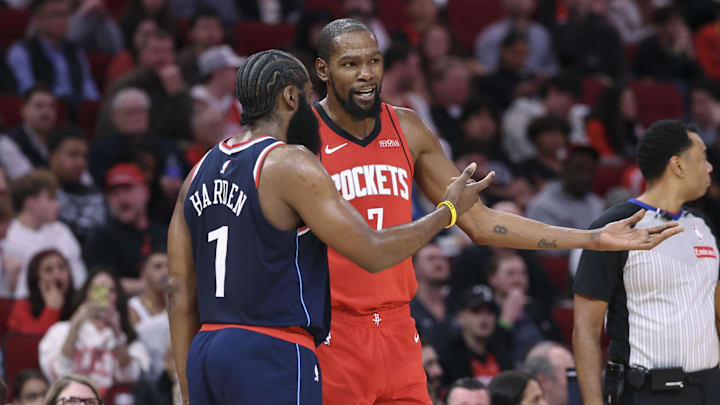Dec 11, 2025; Houston, Texas, USA; Houston Rockets forward Kevin Durant (7) talks with Los Angeles Clippers guard James Harden (1) during the third quarter at Toyota Center. Mandatory Credit: Troy Taormina-Imagn Images Dec 11, 2025; Houston, Texas, USA; Houston Rockets forward Kevin Durant (7) talks with Los Angeles Clippers guard James Harden (1) during the third quarter at Toyota Center. Mandatory Credit: Troy Taormina-Imagn Images