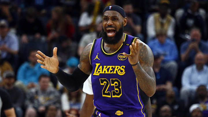 Mar 29, 2025; Memphis, Tennessee, USA; Los Angeles Lakers forward LeBron James (23) reacts during the third quarter against the Memphis Grizzlies at FedExForum. Mandatory Credit: Petre Thomas-Imagn Images
