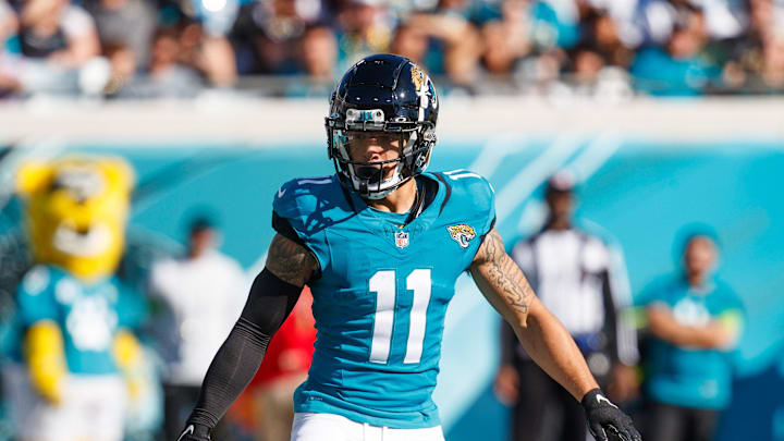 Dec 31, 2023; Jacksonville, Florida, USA; Jacksonville Jaguars wide receiver Parker Washington (11) during the second quarter at EverBank Stadium. Mandatory Credit: Morgan Tencza-Imagn Images
