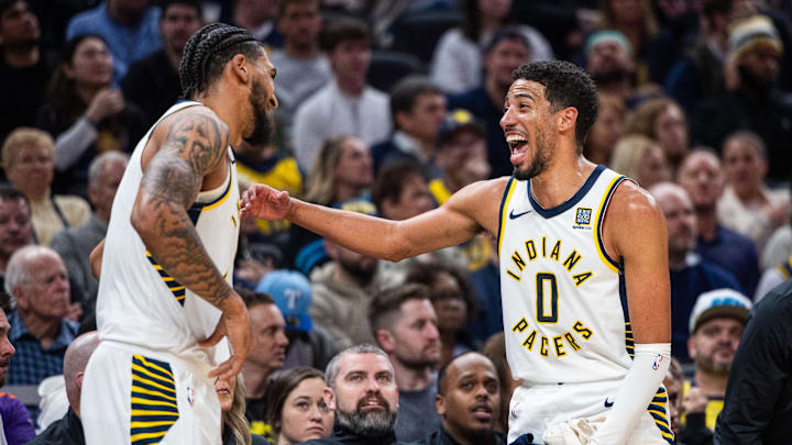 Indiana Pacers guard Tyrese Haliburton (0) celebrates with forward Obi Toppin. Indiana Pacers guard Tyrese Haliburton (0) celebrates with forward Obi Toppin.