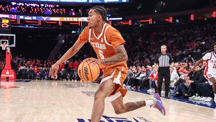 Texas Longhorns guard Elyjah Freeman (6) drives to the basket in the first half against the St. John's Red Storm at Madison Square Garden. Texas Longhorns guard Elyjah Freeman (6) drives to the basket in the first half against the St. John's Red Storm at Madison Square Garden.