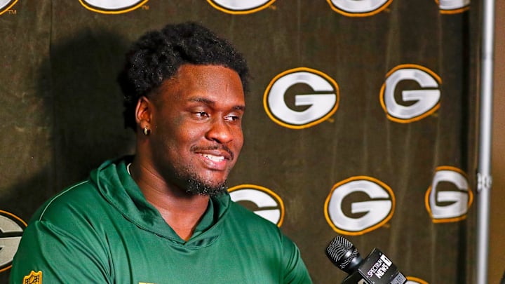Green Bay Packers rookie offensive tackle Anthony Belton is interviewed by the media during rookie minicamp on Friday, May 2, 2025, at Lambeau Field in Green Bay, Wisconsin. The Packers selected Belton with their second round pick in the 2025 NFL Draft.