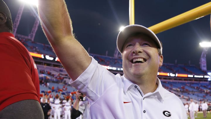Oct 27, 2018; Jacksonville, FL, USA; Georgia Bulldogs head coach Kirby Smart smiles after defeating the Florida Gators at TIAA Bank Field. Mandatory Credit: Kim Klement-Imagn Images