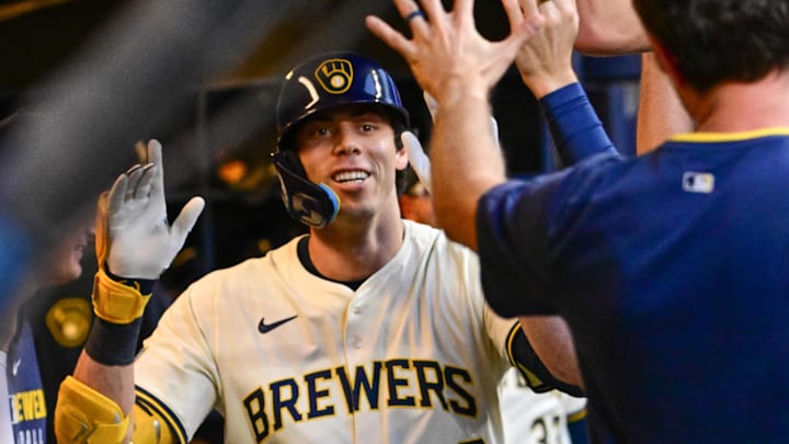 Aug 11, 2025; Milwaukee, Wisconsin, USA; Milwaukee Brewers designated hitter Christian Yelich (22) celebrates after hitting a solo home run in the third inning against the Pittsburgh Pirates at American Family Field. Mandatory Credit: Benny Sieu-Imagn Images Aug 11, 2025; Milwaukee, Wisconsin, USA; Milwaukee Brewers designated hitter Christian Yelich (22) celebrates after hitting a solo home run in the third inning against the Pittsburgh Pirates at American Family Field. Mandatory Credit: Benny Sieu-Imagn Images