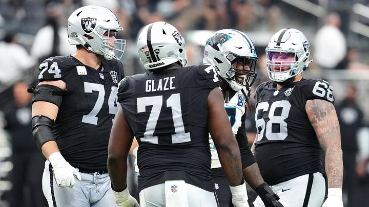Sep 22, 2024; Paradise, Nevada, USA; Carolina Panthers linebacker Jadeveon Clowney (7) celebrates after sacking Las Vegas Raiders quarterback Aidan O'Connell (12) during the fourth quarter at Allegiant Stadium. Mandatory Credit: Stephen R. Sylvanie-Imagn Images