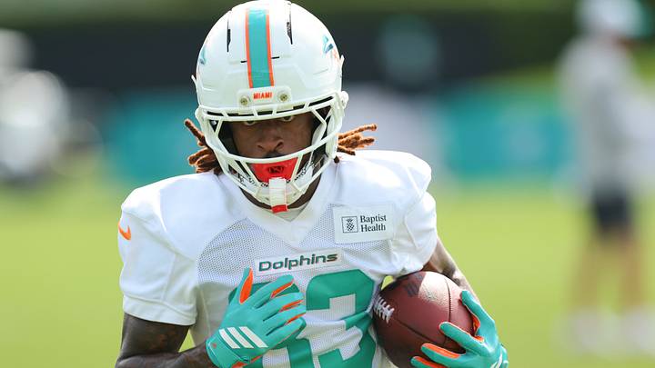 Miami Dolphins wide receiver Kevin Coleman Jr. (83) runs with the football during practice at the Baptist Health Training Complex. Miami Dolphins wide receiver Kevin Coleman Jr. (83) runs with the football during practice at the Baptist Health Training Complex.