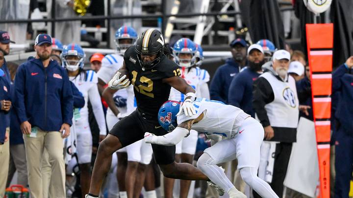 Oct 10, 2026; Nashville, Tennessee, USA; Mississippi Rebels cornerback Antonio Kite (8) tackles Vanderbilt Commodores tight end Walter Taylor (12) during the second half at FirstBank Stadium. Mandatory Credit: Steve Roberts-Imagn Images Oct 10, 2026; Nashville, Tennessee, USA; Mississippi Rebels cornerback Antonio Kite (8) tackles Vanderbilt Commodores tight end Walter Taylor (12) during the second half at FirstBank Stadium. Mandatory Credit: Steve Roberts-Imagn Images