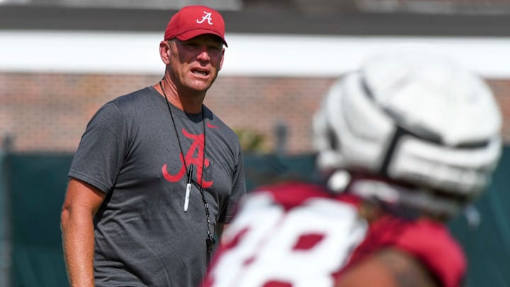 The Crimson Tide football team continued practice Thursday, Aug. 1, 2024, as they prepare for the season opener and the first game under new head coach Kalen DeBoer. DeBoer watches as Alabama defensive back Alijah May (38) runs a drill.