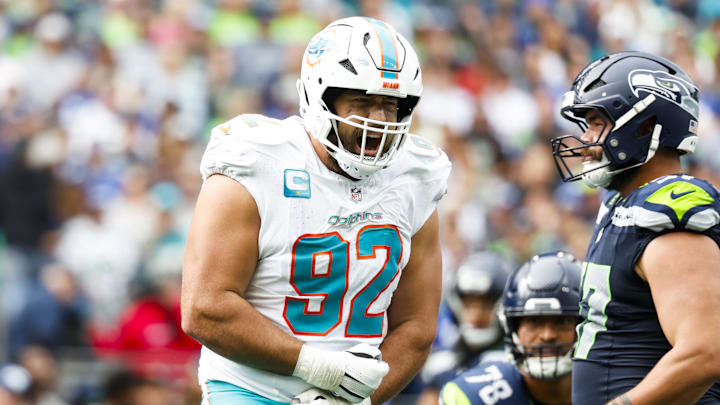 Miami Dolphins defensive tackle Zach Sieler (92) celebrates following a sack against the Seattle Seahawks during the second quarter at Lumen Field last season.