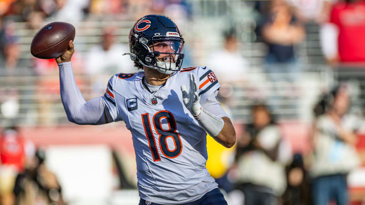 Dec 8, 2024; Santa Clara, California, USA; Chicago Bears quarterback Caleb Williams (18) throws a pass during the first quarter against the San Francisco 49ers at Levi's Stadium. Mandatory Credit: Bob Kupbens-Imagn Images