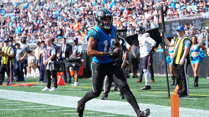 Carolina Panthers wide receiver Jalen Coker (18) scores a touchdown in the second half 