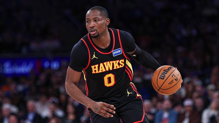Apr 18, 2026; New York, New York, USA; Atlanta Hawks forward Jonathan Kuminga (0) dribbles during the second half of the 2026 NBA Playoffs against the New York Knicks at Madison Square Garden. 