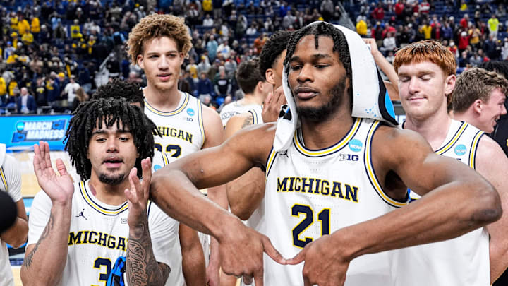 Michigan forward Morez Johnson Jr. (21) poses for a photo after 101-80 win over Howard at the NCAA Tournament First Round at KeyBank Center in Buffalo on Thursday, March 19, 2026.
